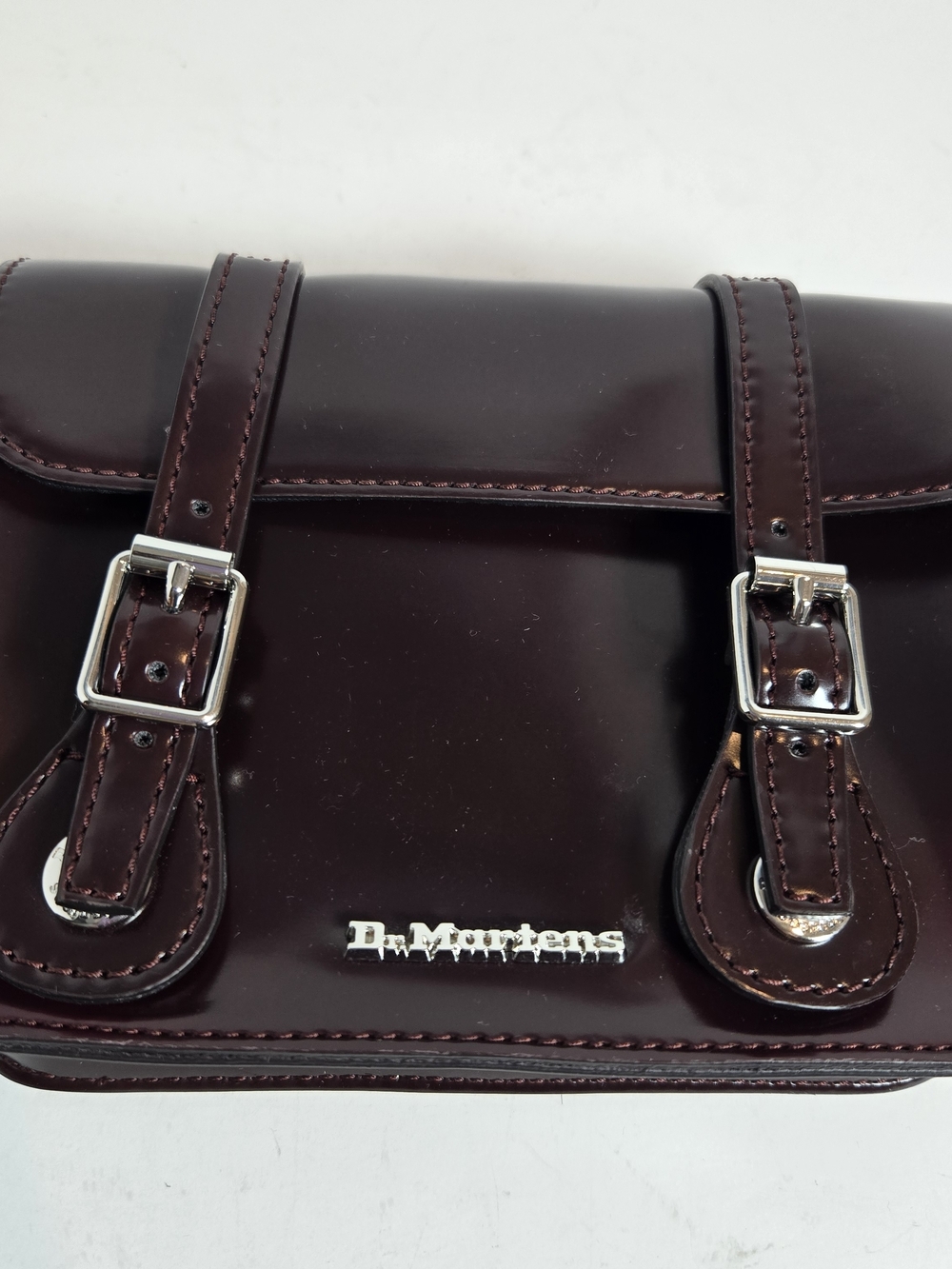 Dr. Martens Burgundy Gloss Leather Messenger Bag with Silver Hardware